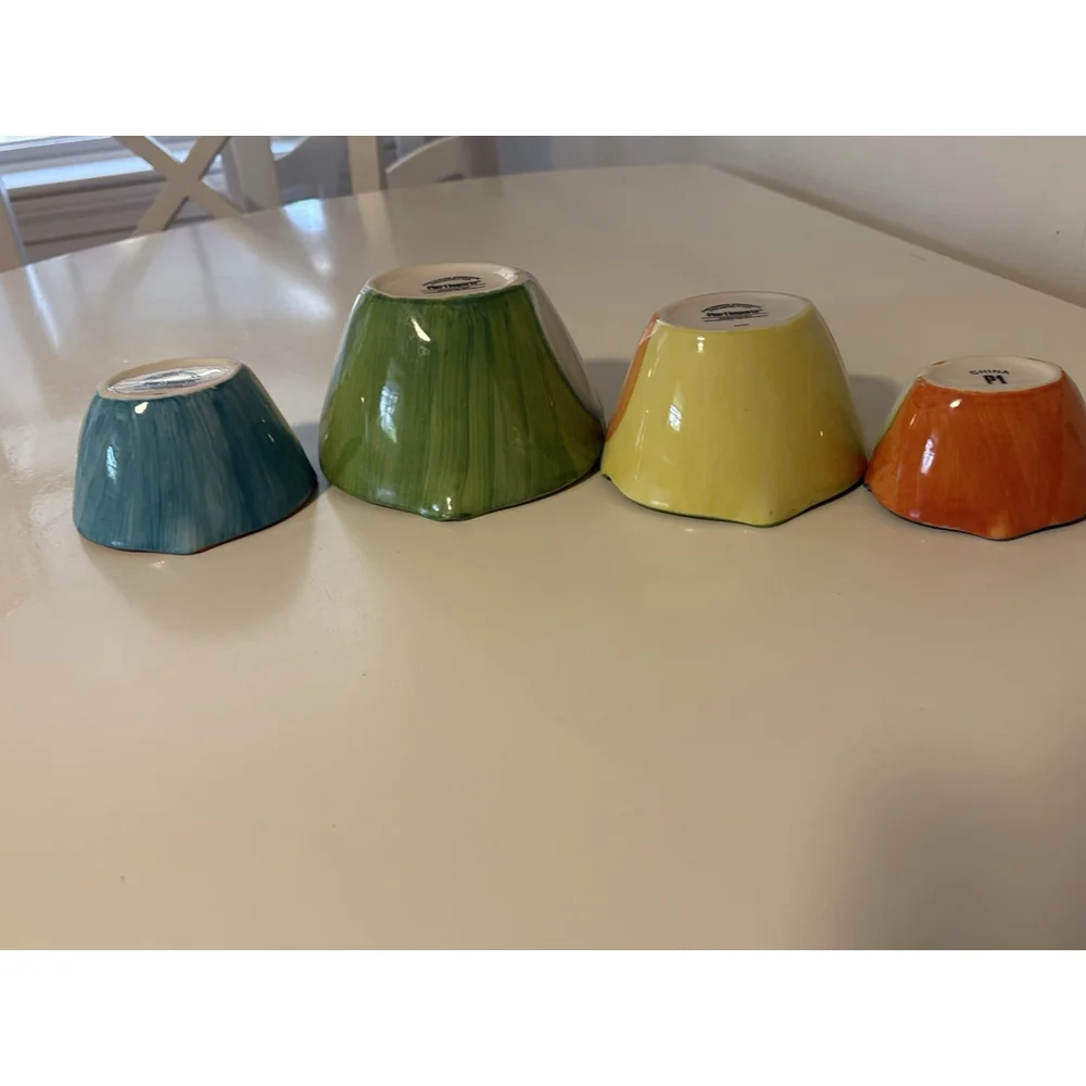 Pier 1 Imports Hand Painted Owl Measuring Cups Set 4 Stoneware Colorful Vintage